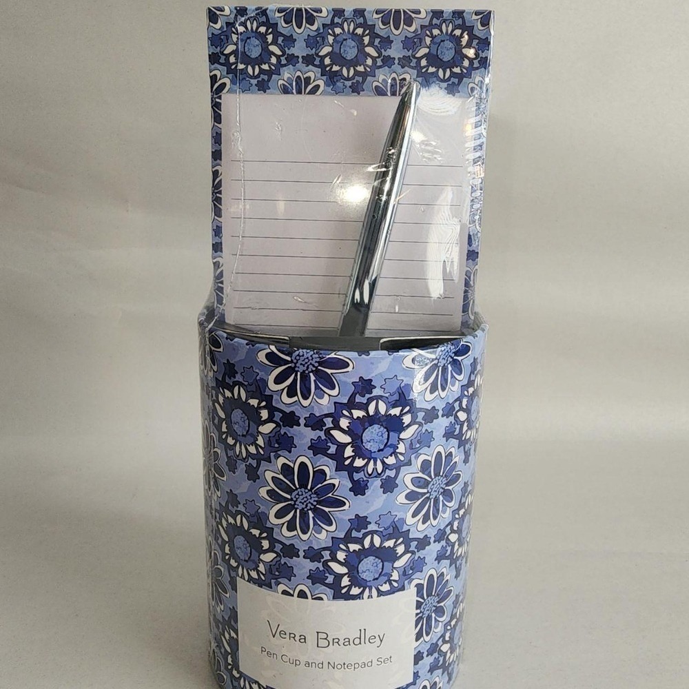 Vera Bradley Pen Cup and Notepad Set Blue Floral Desk Organizer with Pen New